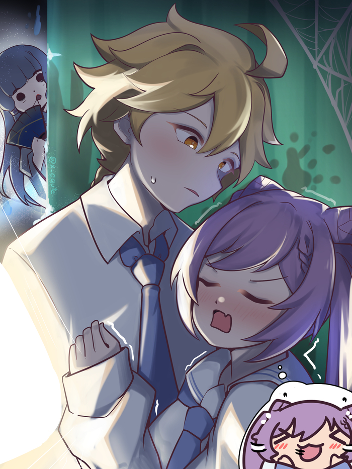 I'M IN DANGER! Pixiv, Anime Art, , Aether (Genshin Impact), Keqing (Genshin Impact), Kamisato Ayaka (Genshin Impact), Genshin Impact