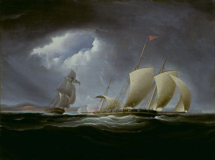 Шхуна USS "Энтерпрайз" ведет бой с корсарским кораблем 1 авг. 1801 г. Худ. Thomas Birch, 1806