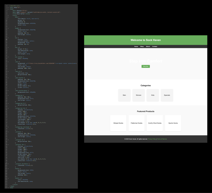 Слева — код, справа — то, как сайт выглядит в браузере