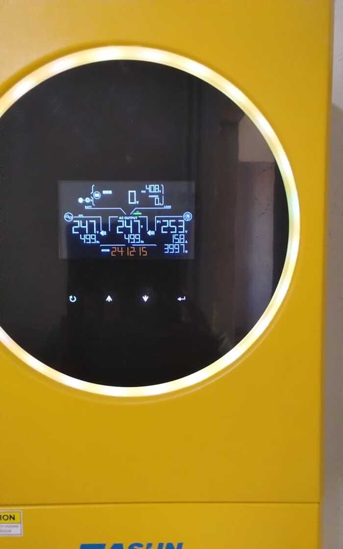 Пиковое показание на инверторе, к которому подключены 6 панелей на 580 ватт (3480 ватт должна быть пиковая мощность по паспорту, превышение на 13% ) Мощность выросла потому что панели были холодные около 0 градусов, в момент когда солнце вышло из-за облака