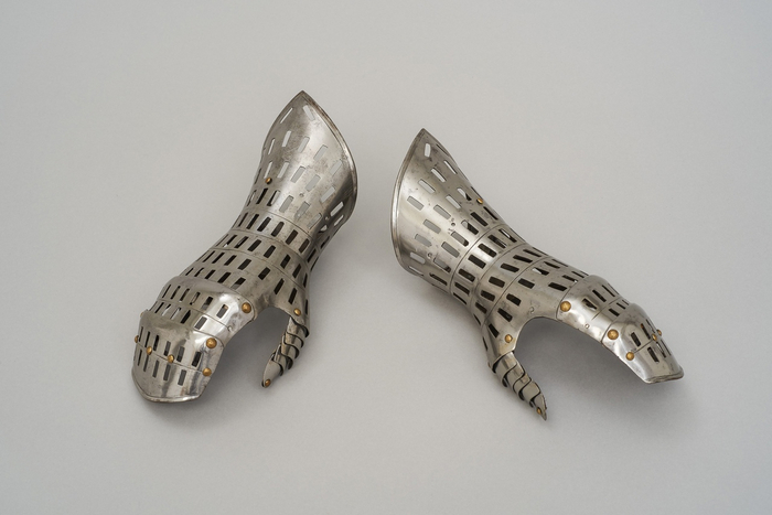 Пара ажурных турнирных рукавиц императора Священной Римской империи Максимилиана I или короля Испании Филиппа I. Длина: 32 см Вес: 500 г Аугсбург, Германия, ок. 1495–1500 гг.