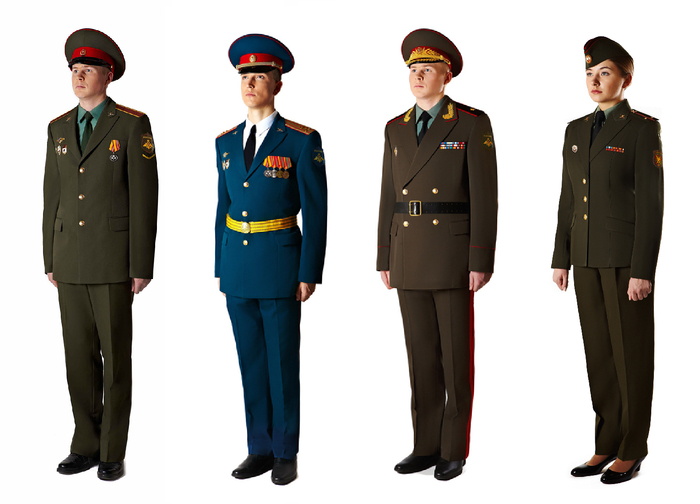 Слева на право: повседневка курсанта, парадка полковника, поседневка генерала и женский китель.