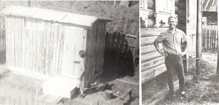Рис. 8.  Первая баня. На правом фото виден зазор от земли до нижнего бревна. Фото из личного архива