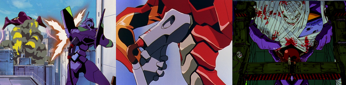 Кабель питания на спине у Евы-01. Ева легко может (пере)подключить кабель питания сама. Ева-01 после поглощения S2 двигателя Ангела.