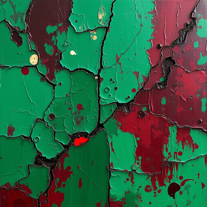 Expressionist painting with dramatic craquelure effect, thick impasto strokes with deep cracks, contrasting deep emerald green and rich burgundy, Jackson Pollock meets Baroque altar piece, luxurious color palette