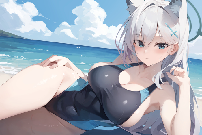 Sunaookami Shiroko #047 , Anime Art, Blue Archive, Shiroko Terror, , Animal Ears, ,  , One-piece swimsuit, , , , 