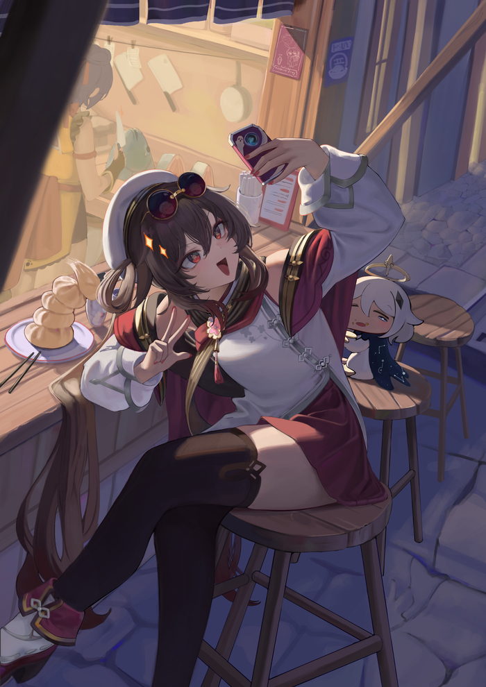  Genshin Impact, , Anime Art, Hu Tao (Genshin Impact), Paimon (Genshin Impact), Xiangling, 
