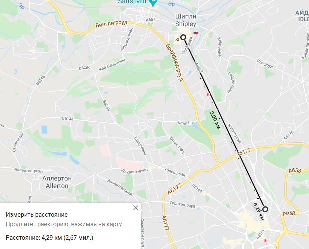 Расстояние между Шипли и Брэдфордом. Как видно из рисунка, оно составляет не более 5 км даже если мерить по центрам городов.