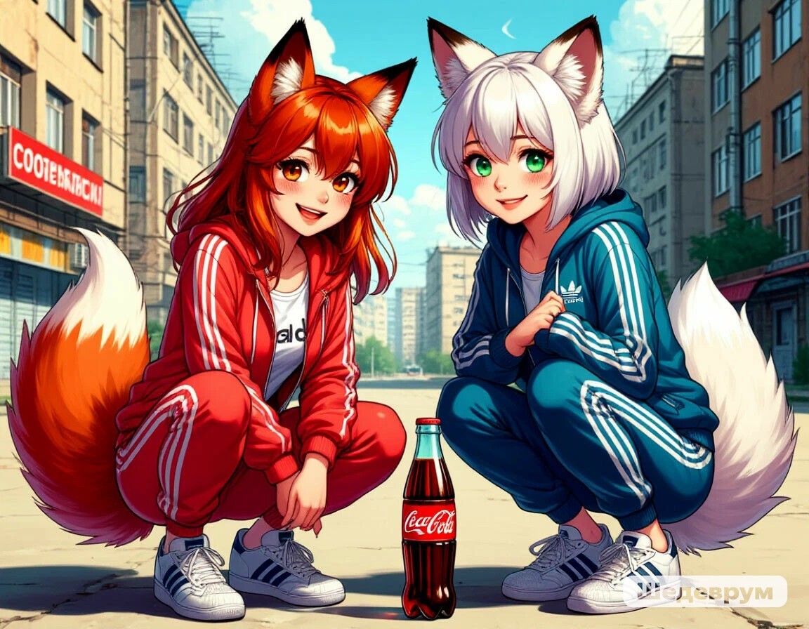 Fluffy cuties - My, Neural network art, Milota, Masterpiece (Yandex), Anime art, Animal ears, Redheads, White hair, Adidas, Kitsune, Ears, Tail