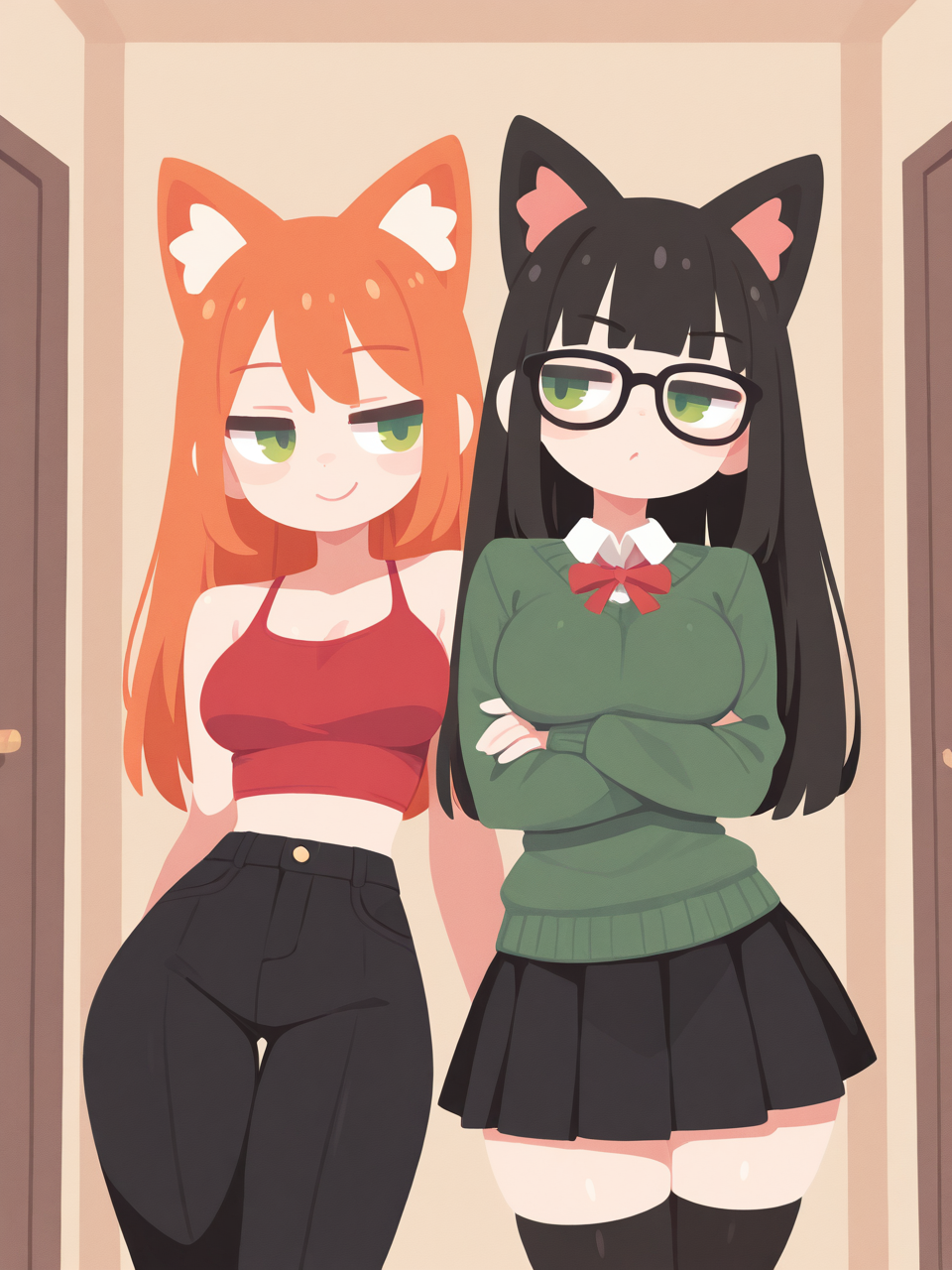 Girlfriends - My, Neural network art, Anime, Sdxl, Stable diffusion, Redheads, Red eyes, Choker, Skirt, Stockings, Blue eyes, Green eyes, Pullover, Ears, Longpost