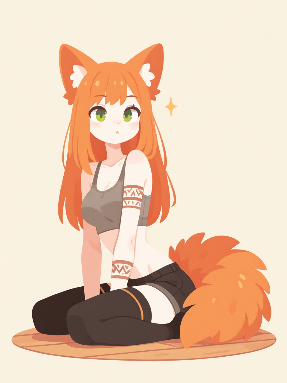 Evolution in Furry - My, Neural network art, Anime, Stable diffusion, Redheads, Sdxl, Furry, Neko, Ears, Tail, Shorts, Stockings, Tattoo, Longpost