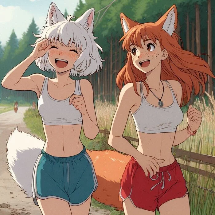 Утренняя пробежка Арты нейросетей, Аниме, Anime Art, Нейронные сети, Арт, Девушки, Кицунэ, Original Character, Animal Ears, Хвост, Спорт, Бег, Ginger & White, Длиннопост