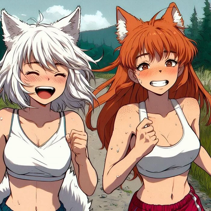 Утренняя пробежка Арты нейросетей, Аниме, Anime Art, Нейронные сети, Арт, Девушки, Кицунэ, Original Character, Animal Ears, Хвост, Спорт, Бег, Ginger & White, Длиннопост