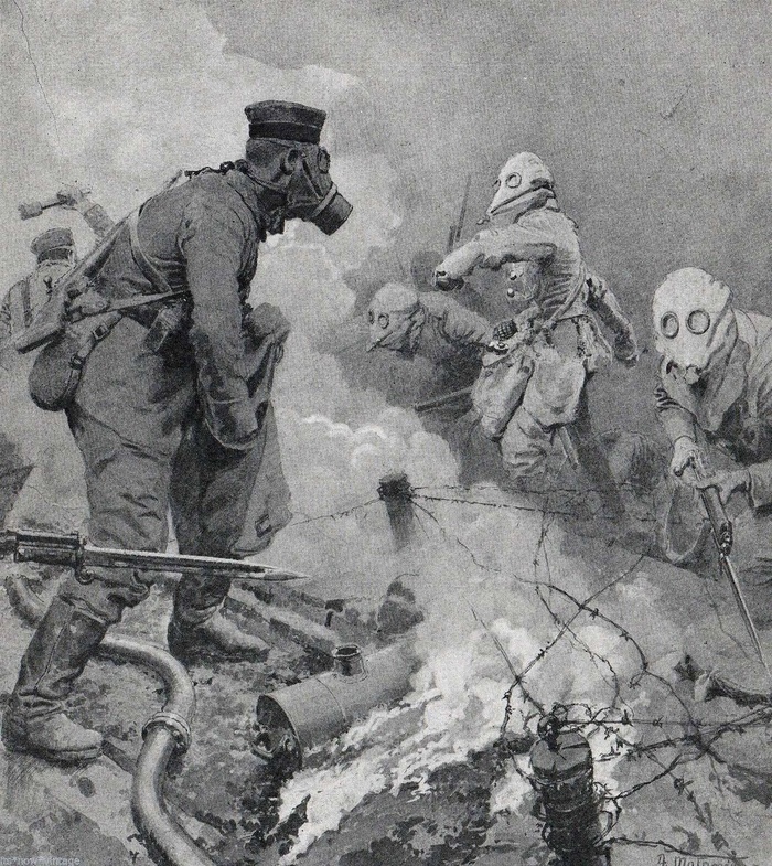 Примерно так художники порой изображают бои Первой Мировой. Но вообще в противогазах тех времен атаковать было довольно непросто