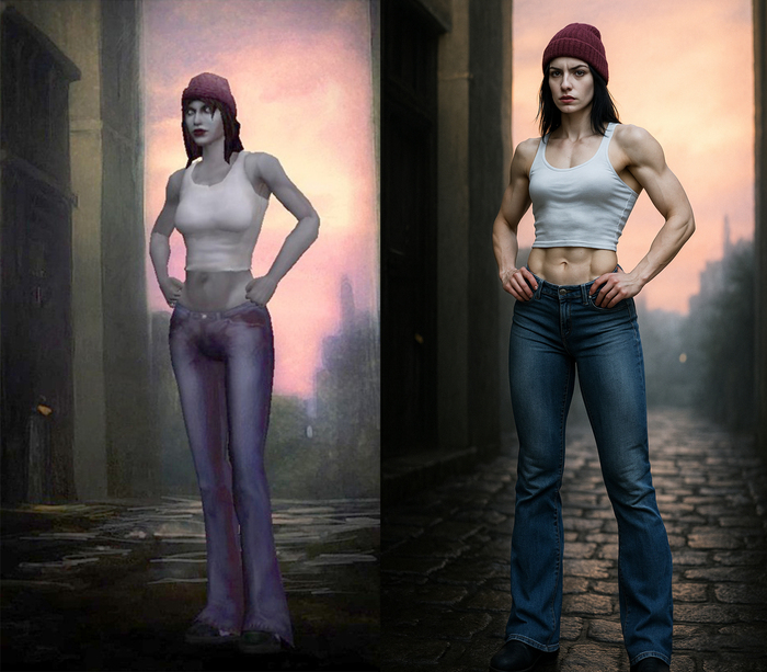 С этой тётушкой нейронка разобралась быстро, с первого раза, правда сделала её карлицей) пришлось исправлять.