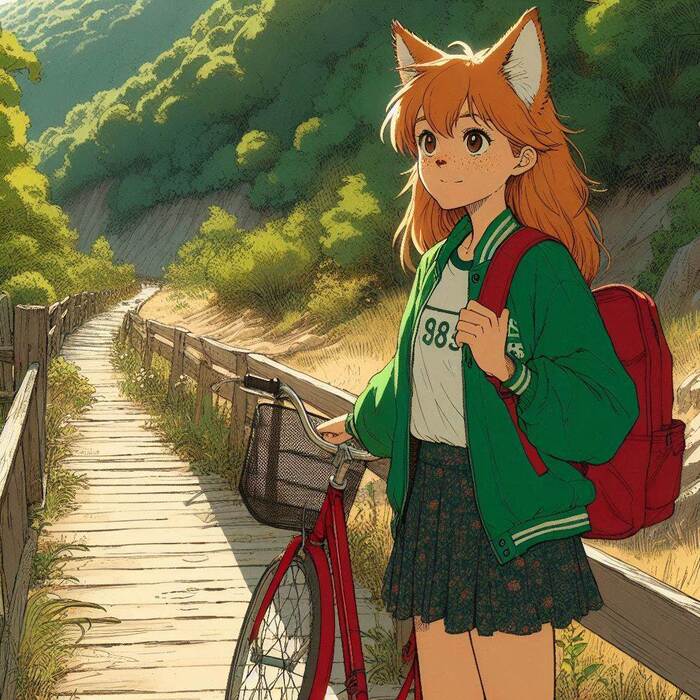 Бочка Арты нейросетей, Аниме, Anime Art, Арт, Нейронные сети, Девушки, Кицунэ, Animal Ears, Хвост, Рыжие, Веснушки, Велосипед, Велопрогулка, Весна, Природа, Заброшенное, Ginger & White, Длиннопост