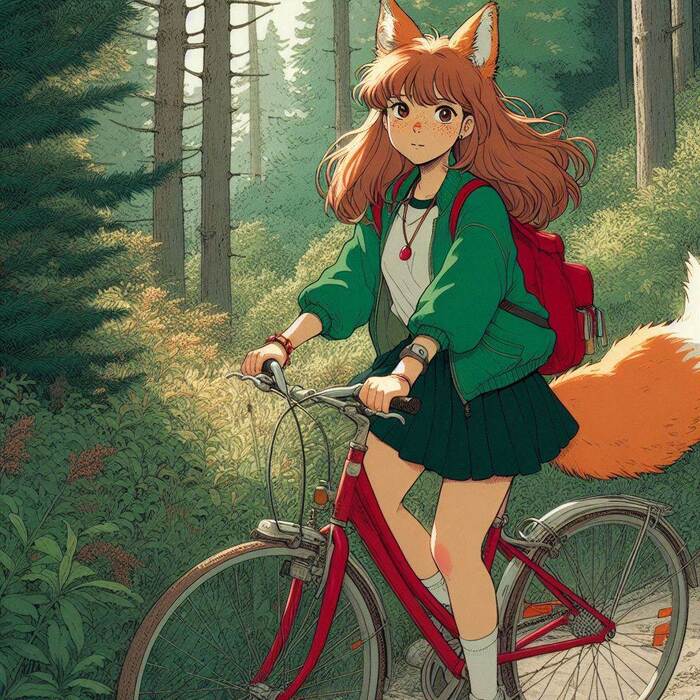Бочка Арты нейросетей, Аниме, Anime Art, Арт, Нейронные сети, Девушки, Кицунэ, Animal Ears, Хвост, Рыжие, Веснушки, Велосипед, Велопрогулка, Весна, Природа, Заброшенное, Ginger & White, Длиннопост