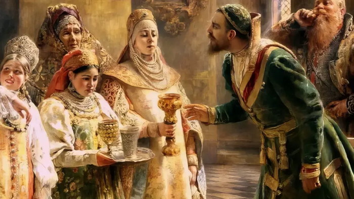 Фрагмент картины К. Маковского, демонстрирующий поцелуйный обряд