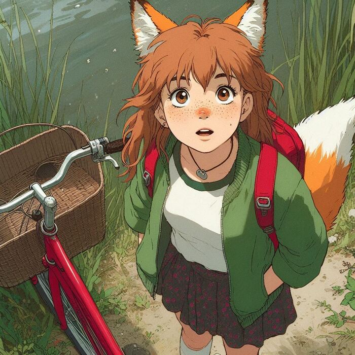 Бочка Арты нейросетей, Аниме, Anime Art, Арт, Нейронные сети, Девушки, Кицунэ, Animal Ears, Хвост, Рыжие, Веснушки, Велосипед, Велопрогулка, Весна, Природа, Заброшенное, Ginger & White, Длиннопост