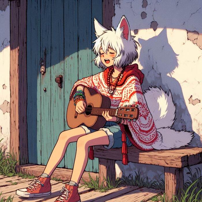 Вдохновение Арты нейросетей, Anime Art, Аниме, Арт, Нейронные сети, Девушки, Original Character, Кицунэ, Animal Ears, Хвост, Гитара, Ночь, Вдохновение, Ginger & White, Длиннопост
