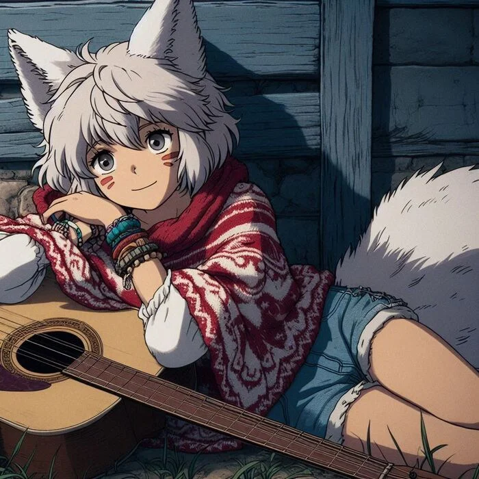 Вдохновение Арты нейросетей, Anime Art, Аниме, Арт, Нейронные сети, Девушки, Original Character, Кицунэ, Animal Ears, Хвост, Гитара, Ночь, Вдохновение, Ginger & White, Длиннопост