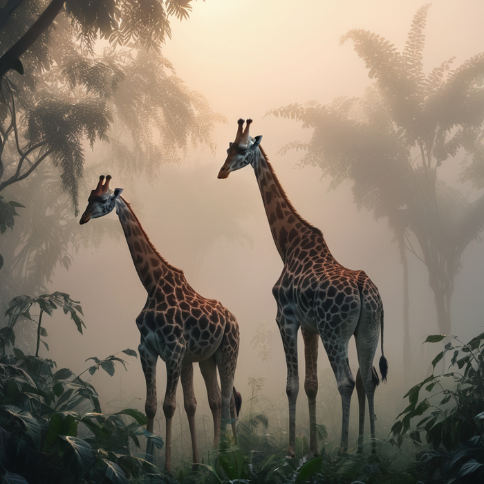: Two giraffes stand in misty jungle at sunrise, their tall silhouettes emerging from the fog. Dew-covered leaves, soft golden light, dense foliage around. Peaceful, cinematic, ultra-detailed, realistic, atmospheric, 8k, serene mood.