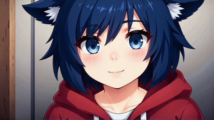 : Anime girl with blue hair and wearing a red jacket, with ears like a raccoon, wearing a red hoodie and a white t-shirt, character portrait, furry art