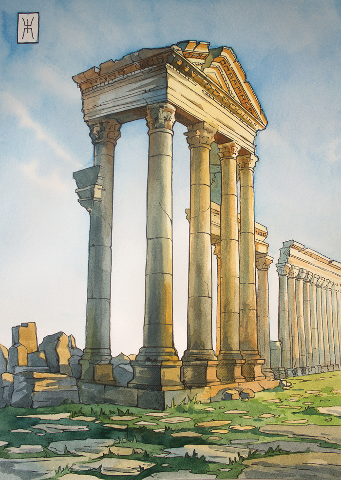 Акварель, хлопковая бумага А4, линеры.