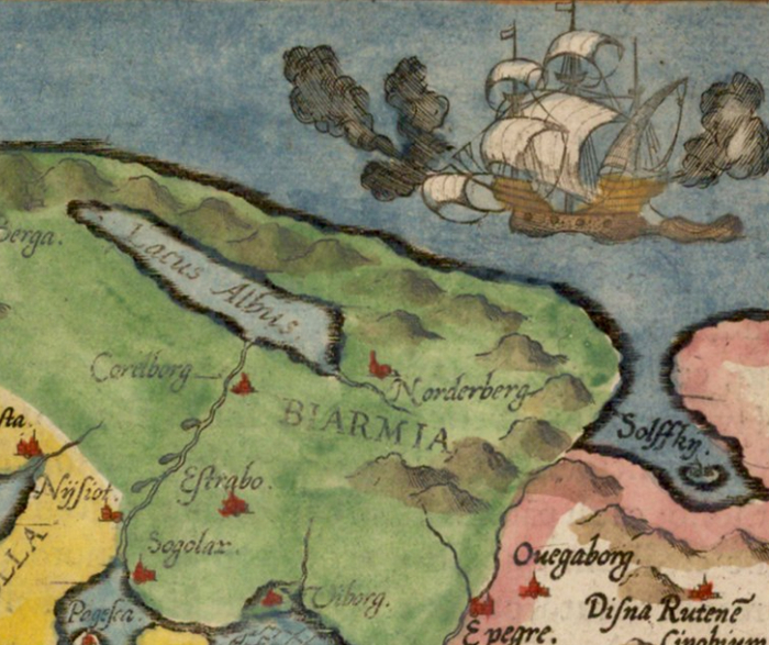 Биармия, прародина варягов, на карте «Северная часть Швеции, Готии, Норвегии, Дании и прилегающих территорий, недавно точно описанная Люином и автором Жераром де Йоде. Антверпен / 1593.