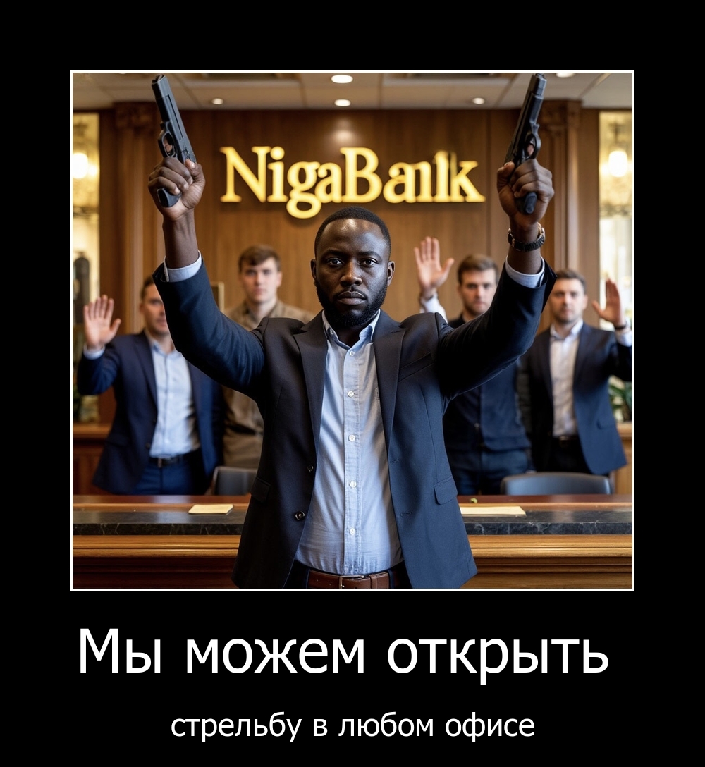 Финансовые продукты - Серия NigaBank, Моё, Короткопост, Юмор, Анекдот, Картинка с текстом, Черный юмор, Негры, Троллинг, Ирония, Арты нейросетей, Расистский юмор