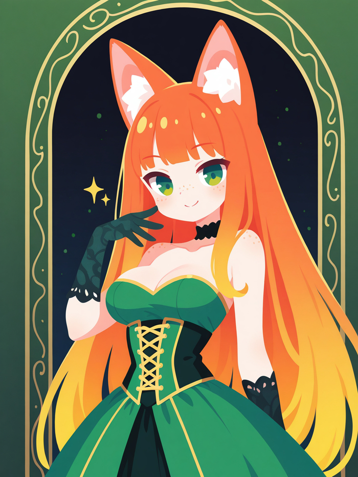 Карточный персонаж Арты нейросетей, Аниме, Stable Diffusion, Рыжие, Sdxl, Платье, Уши, Неко, Чокер, Цветные волосы, Перчатки, Длиннопост