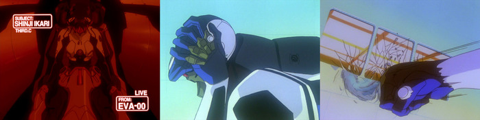 Синдзи в Еве-00. Ева-00 в агонии хватается за голову. Ева-00 атакует мостик.