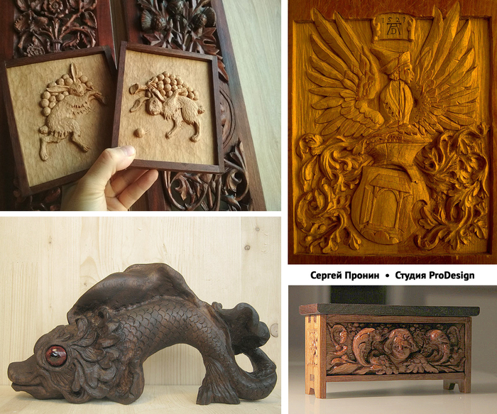 Авторские работы: зайцы, рыба-кит, шкатулка с путти. И герб Дюрера (одна из первых моих работ по резьбе)