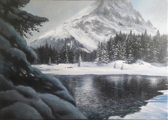 "Озеро в зимнем лесу" (холст, масло, 50x70)