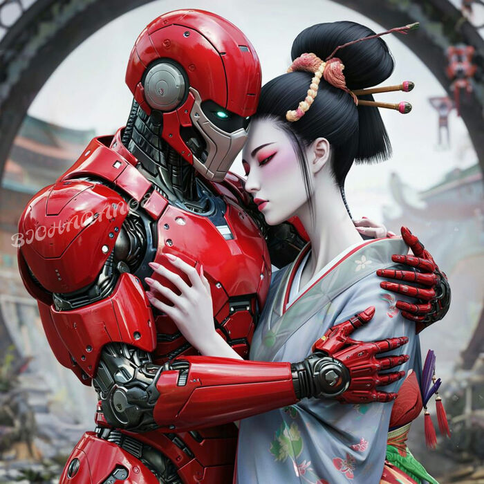 Вроде нейроночка от балды - Японская девушка Рокурокуби в обнимку с роботом красного окраса ...