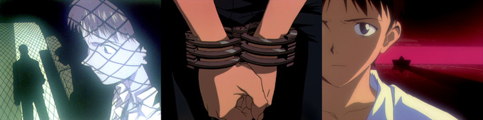 Синдзи под арестом. Наручники. Разговор отца и сына.