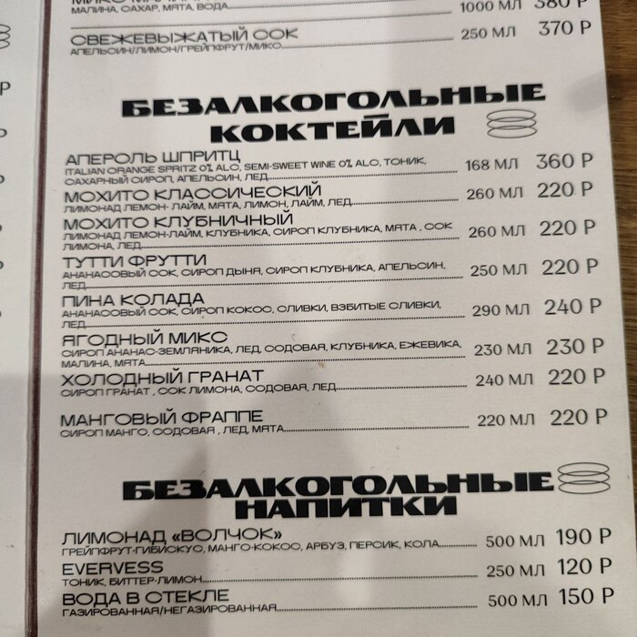 Меню безалкогольных напитков.