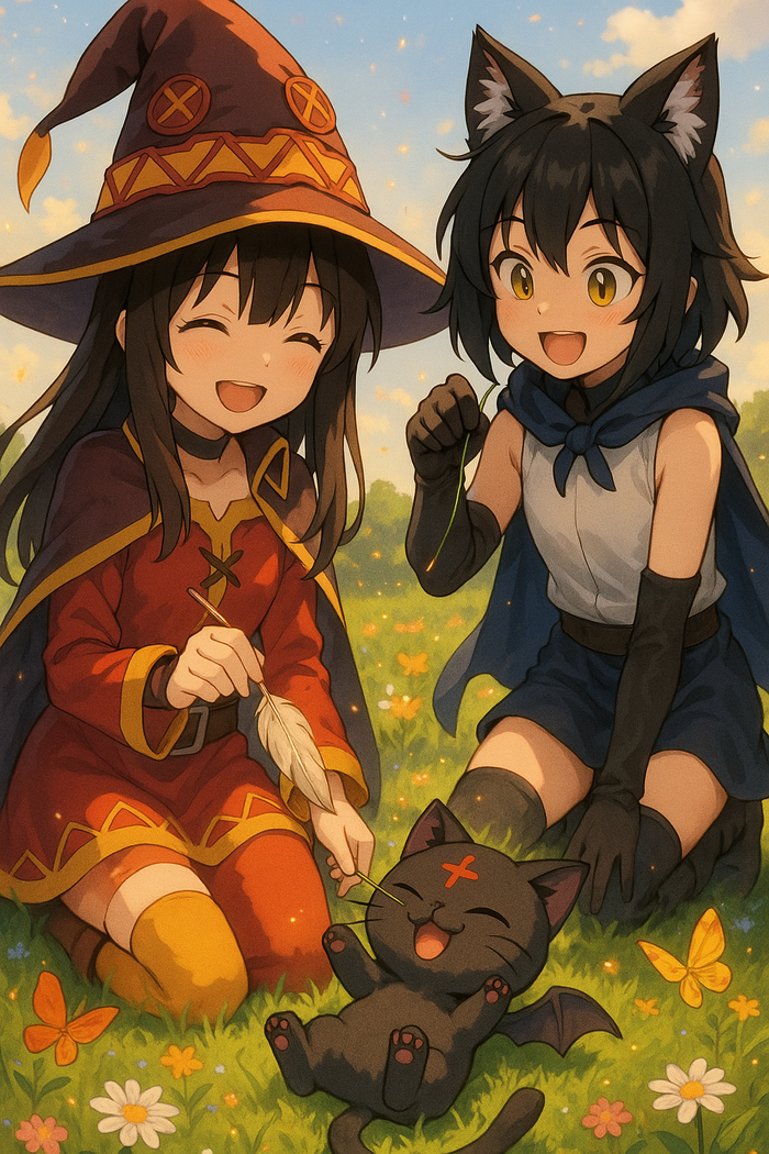   "    "  , , , Konosuba, Megumin, Anime Art, Animal Ears, Dall-e, ,   , Chomusuke
