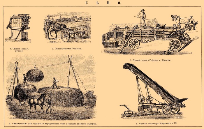 1. Сенной пресс ручной. 2. Сеноворошилка Рансом. 3. Сенной пресс Гофгера и Шранца. 4. Сенометатель для подъема и перемещения сена с помощью двойного гарпуна. 5. Сенной элеватор Маршалля и Ко.