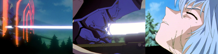 Ангел пробивает АТ-поле Евы-00. Вступает в контакт с биологическими компонентами Евы. Вздувшиеся "вены" на теле Рей.