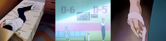 Синдзи скорбит по Рей. Рей в госпитале. Под бинтами нет ран