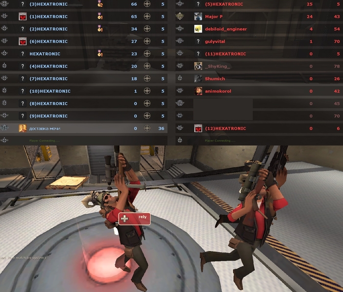 Сверху видно, что на сервере 13 ботов. Снизу — как это выглядело. Они смотрели вверх, так как их аимбот был установлен на 360 градусов, и с такого положения быстрее поразить цель. На боте слева три шапки одновременно. Это возможно с помощью <a href="https://pikabu.ru/story/kak_ya_naigral_3600_chasov_v_team_fortress_2_poka_menya_ne_zabanili_12915695?u=https%3A%2F%2Fwww.youtube.com%2Fwatch%3Fv%3DMLx2q0Zy_4o&t=%D1%8D%D0%BA%D1%81%D0%BF%D0%BB%D0%BE%D0%B9%D1%82%D0%B0&h=29520fef1456ce00a78fb51ad3c07430fbcdc58c" title="https://www.youtube.com/watch?v=MLx2q0Zy_4o" target="_blank" rel="nofollow noopener">эксплойта</a>.
