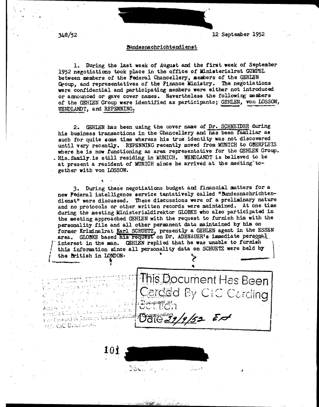 Документ ЦРУ о ранних переговорах по созданию «Bundesnachrichtendienst». Фото: <!--noindex--><a href="https://pikabu.ru/story/prizraki_reykha_kak_tsru_i_natsistskiy_general_sozdavali_razvedku_frg_12969409?u=http%3A%2F%2Fwww.foia.cia.gov&t=www.foia.cia.gov&h=b8f36a887944f5b36910daa4dd4077d2da65e263" title="http://www.foia.cia.gov" target="_blank" rel="nofollow noopener">www.foia.cia.gov</a><!--/noindex-->