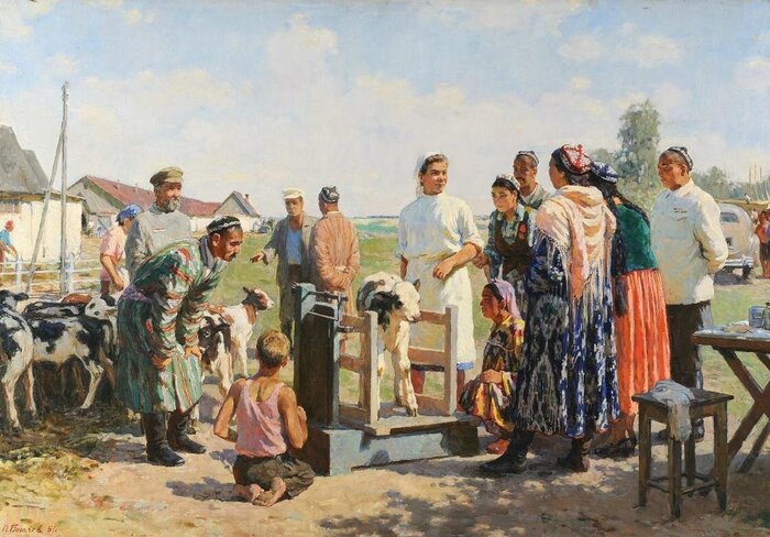 Богачёв Пётр Никифорович. "Обмен опытом животноводов братских республик". 1950 г.