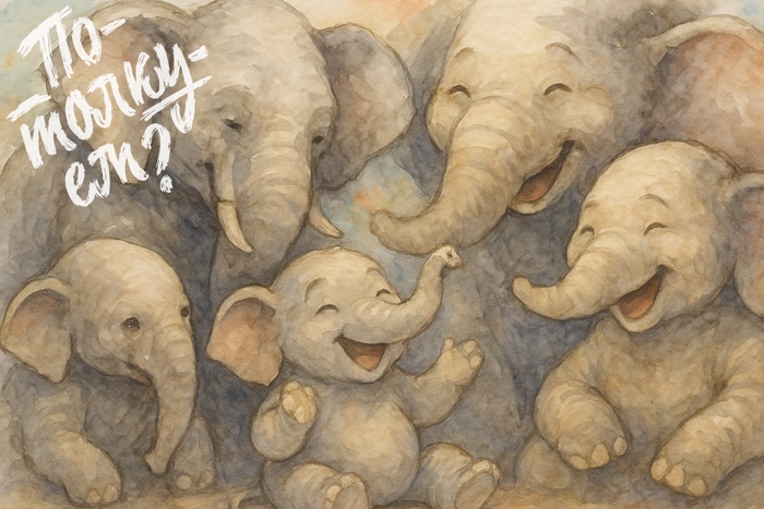 Слонёнок сидит в кругу семьи и весело играет.