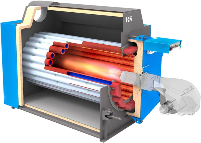 В центре котла жар и трубы с водой проходят этот жар насквозь