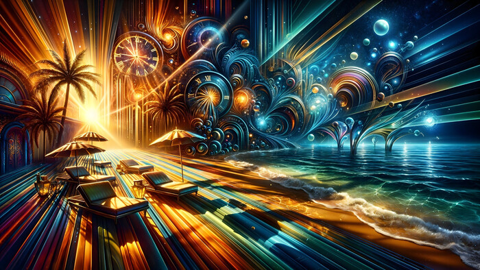 Пляж на ярком берегу Океана Времени