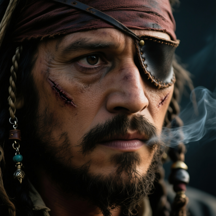 Лицо пирата с бородой, близко к камере, в кадре только лицо, высокая детализация