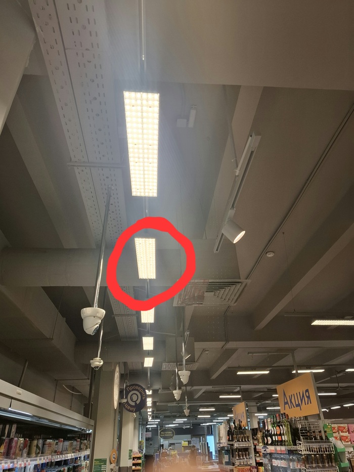 Светильник в кружочке это направленный асиметрик, на фото не видно, но если посмотреть справа и слева от линии шинопровода вы сразу поймете разницу.