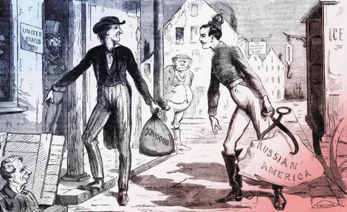 Политическая карикатура Фрэнка Беллью, высмеивающая покупку Аляски Соединенными Штатами у России в 1867 году. В те годы Аляску называли Русской Америкой
